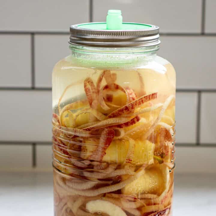 a large mason jar of apple peels and cores with an airlock