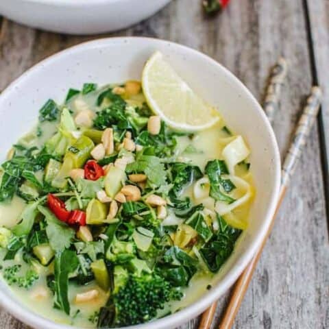 a bowl of broccoli noodle soup