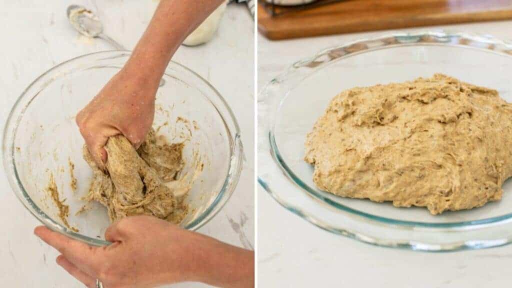 squishing together the dough and starter