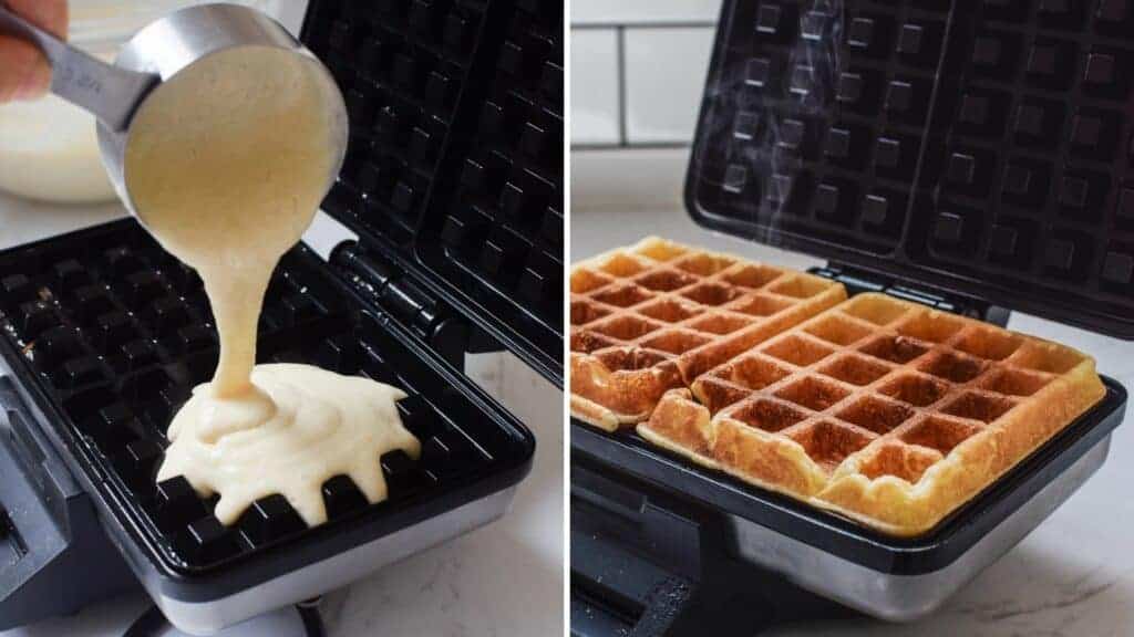 Waffle batter poured into the waffle iron on one side. baked waffles on the other side 