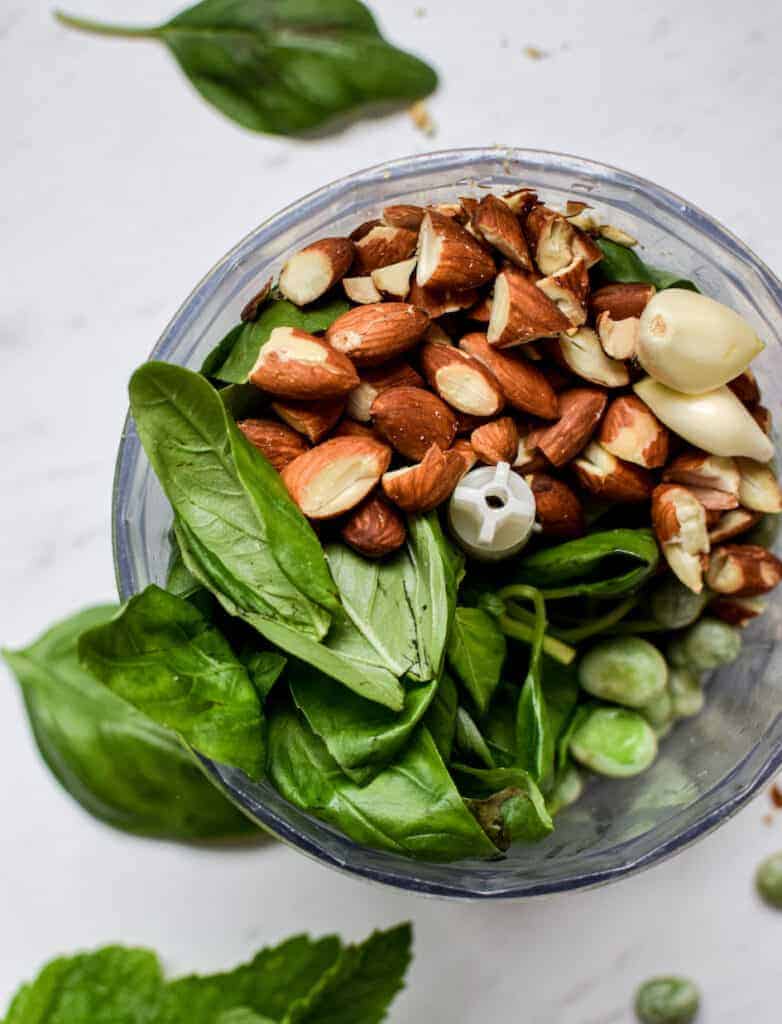 a bird's eye view of a blender with almonds, basil and broad beans 