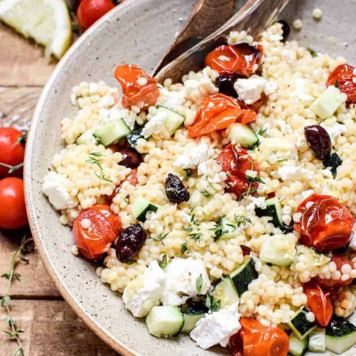 Pearl Couscous Salad with Roasted tomatoes, and Olives