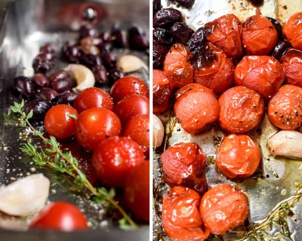 side by side photo of uncooked cherry tomatoes, thyme sprigs, olives and garlic cloves versus a photo of them cooked