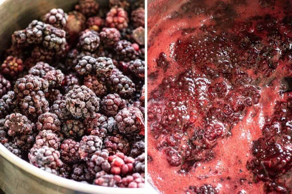 side by side of a pan of frozen blackberries and simmering blackberry jam 