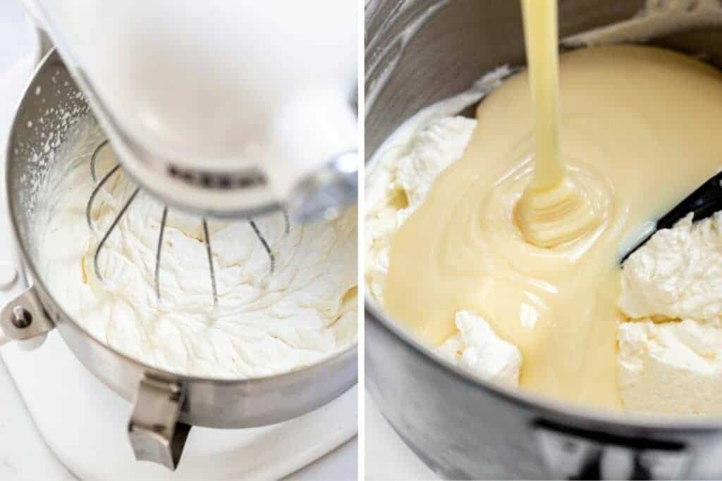 side by side of cream being whipped in a mixer and condensed milk being poured over top of the whipped cream