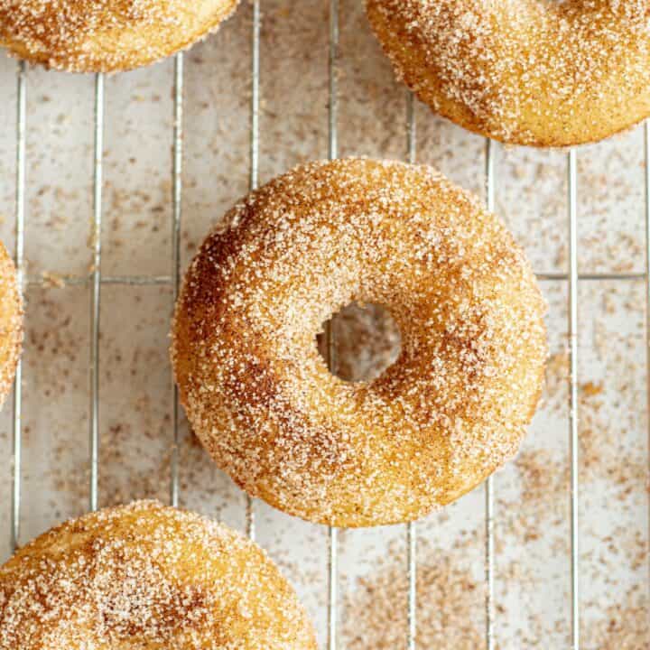 bird's eye view of baked sourdough doughnuts