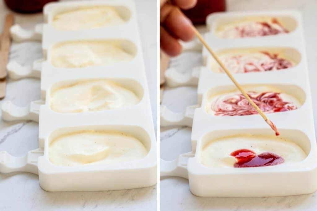 strawberry swirls in ice cream in popsicle moulds