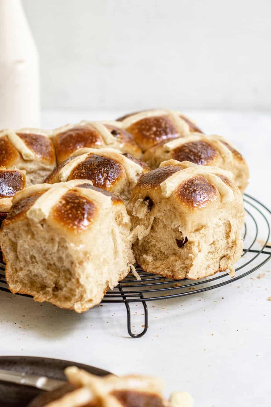 hot cross buns on a wire rack