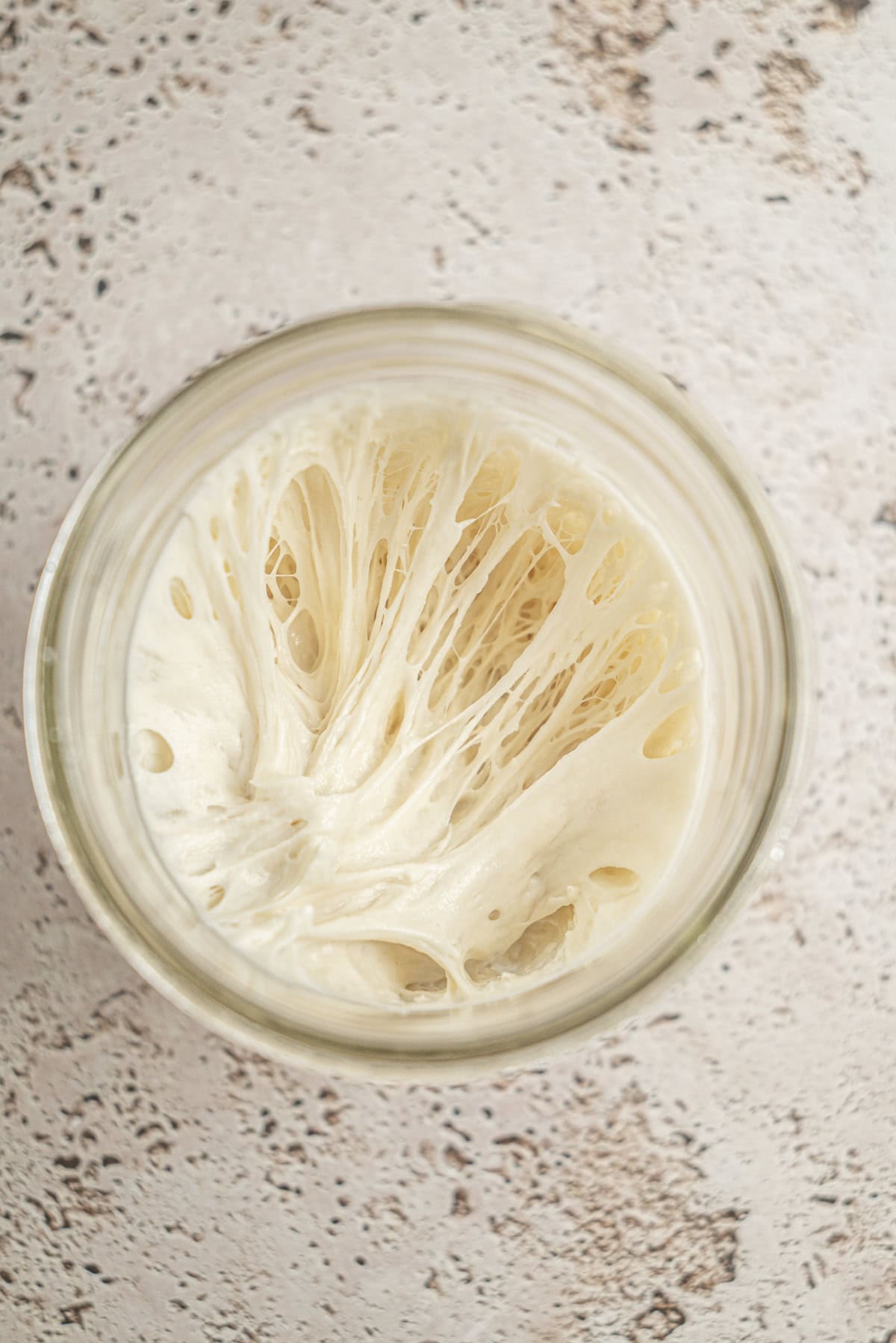 Top-down view of a glass jar containing active, stretchy sourdough starter with visible bubbles and web-like strands—a perfect example of proper sourdough starter maintenance—set on a speckled, light-colored surface.