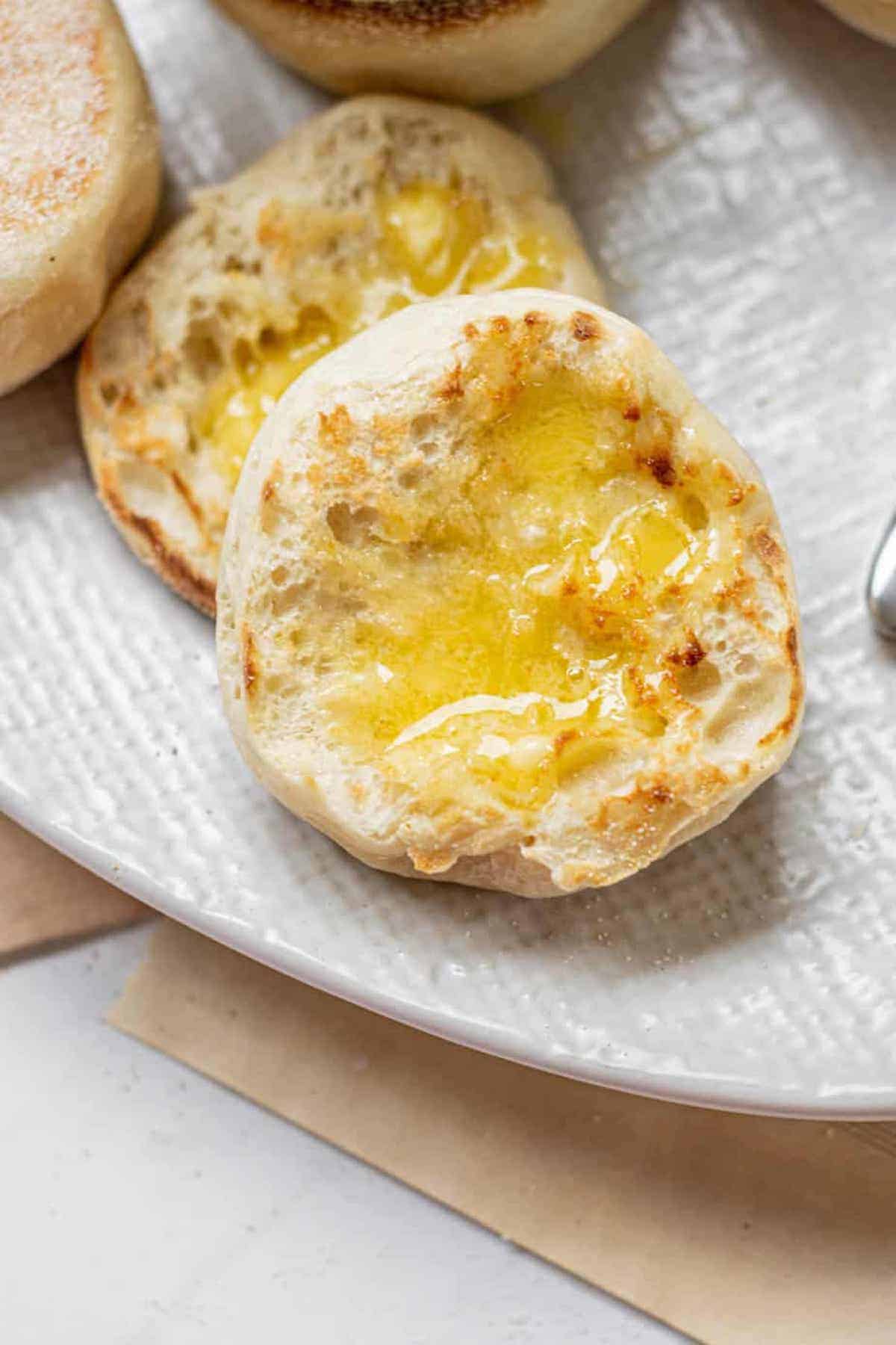 buttered english muffins.