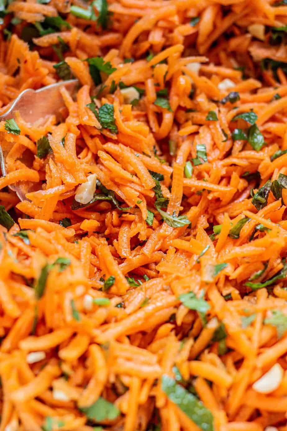 close up of raw shredded carrots.