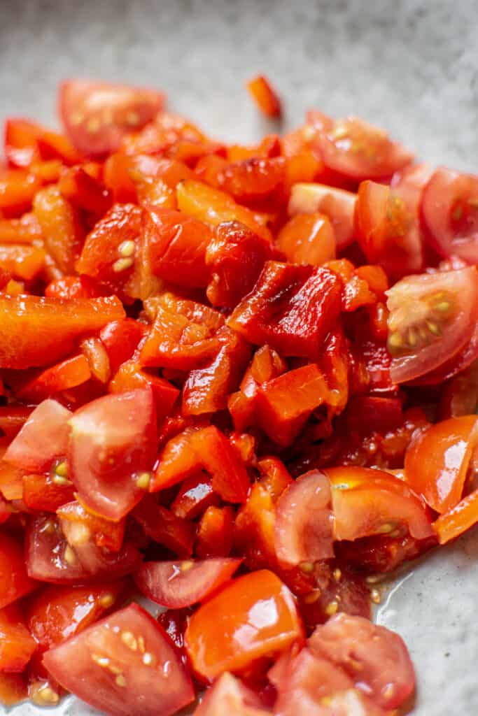 chopped peppers and tomatoes.