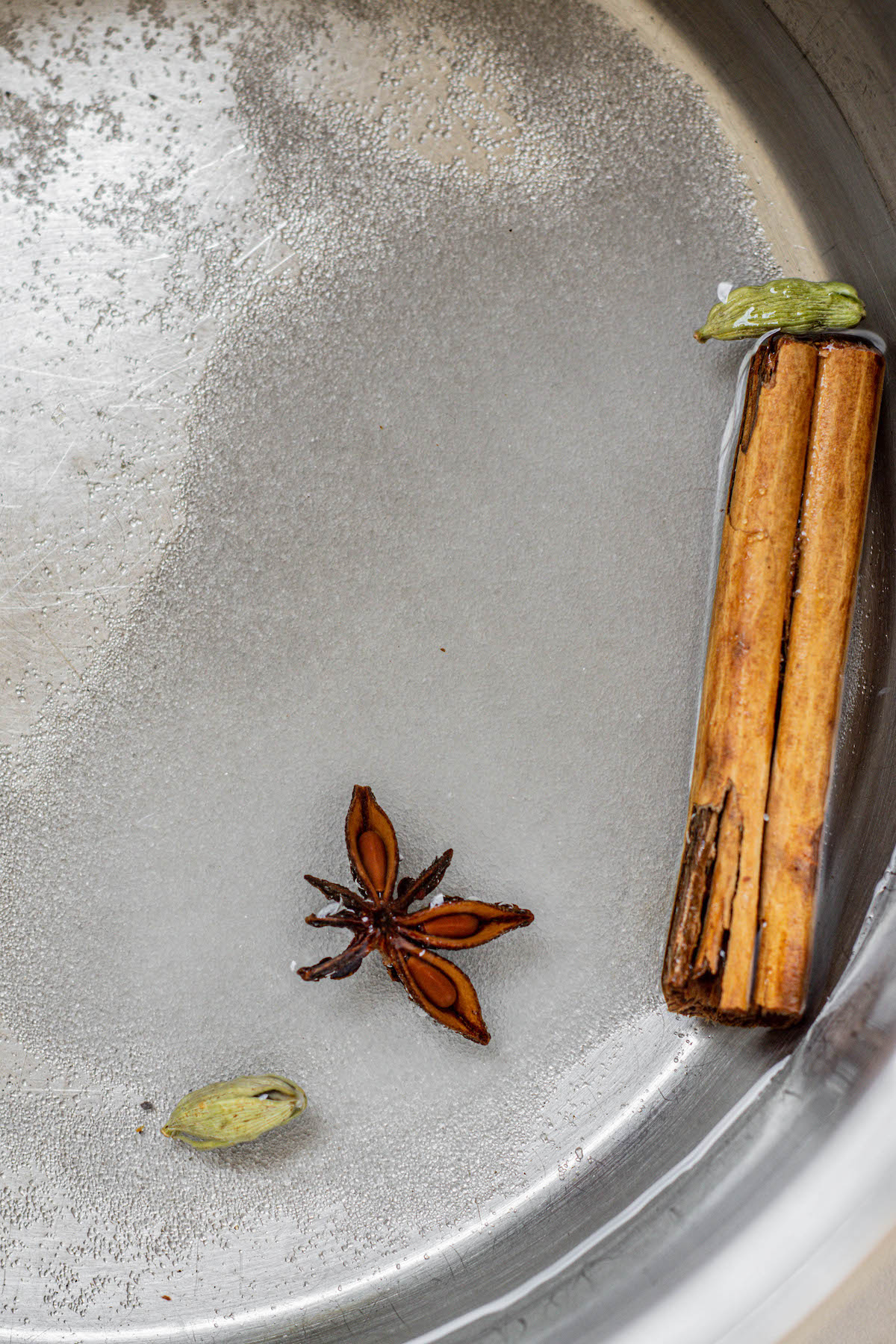 cinnamon stick, cardamom pods and star anise in water.