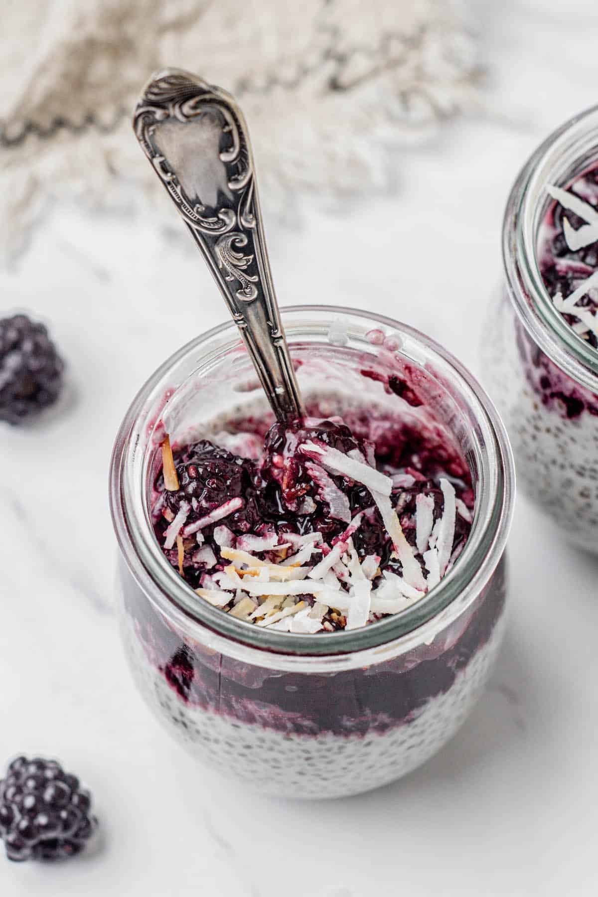 spoon in chia pudding.