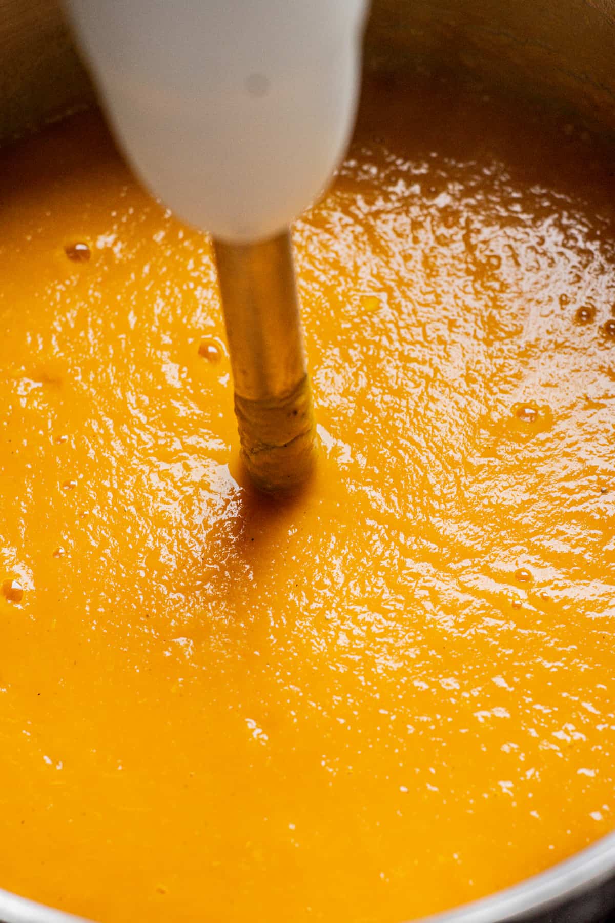 immersion blender in pumpkin carrot soup.