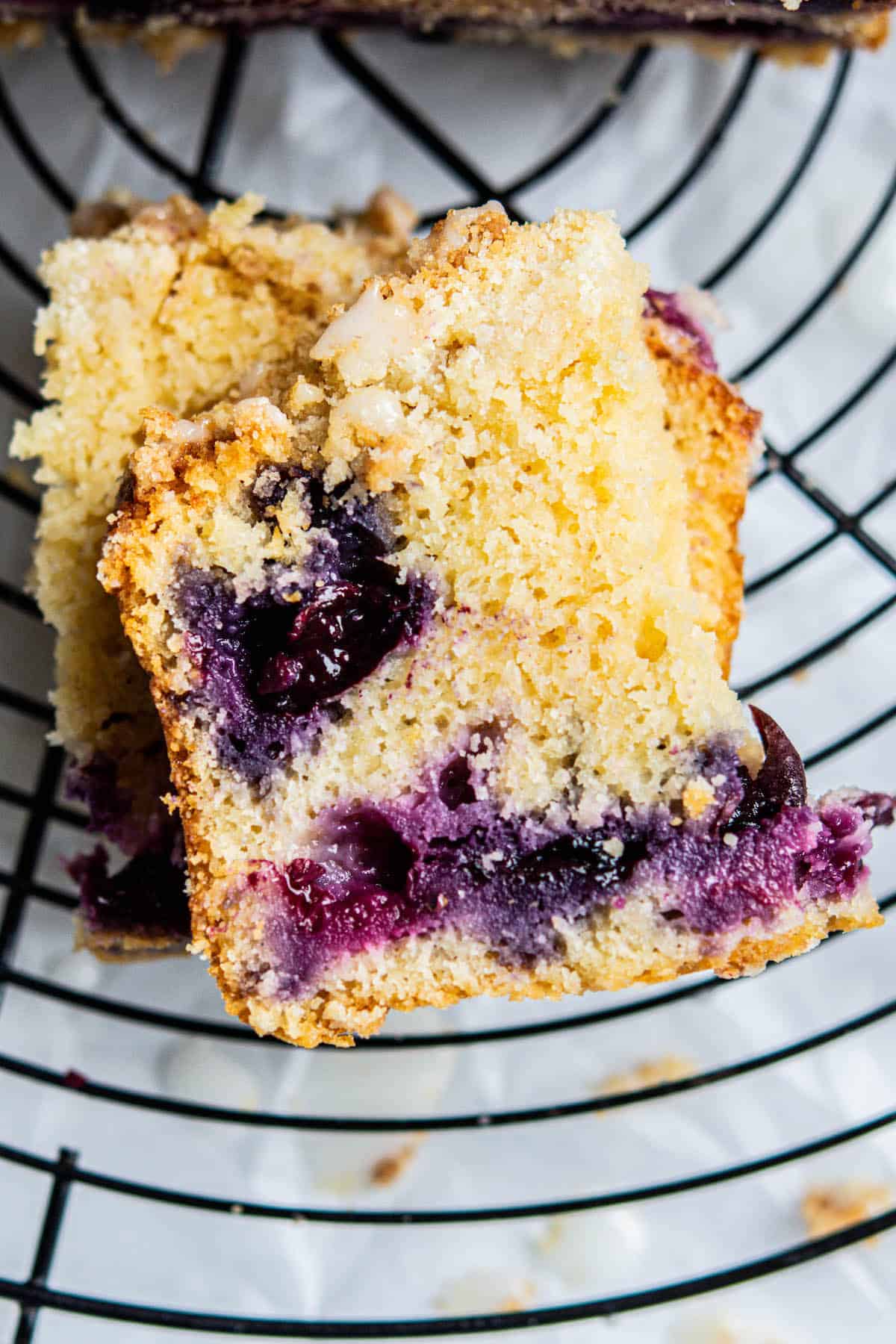 close up sourdough blueberry cake.