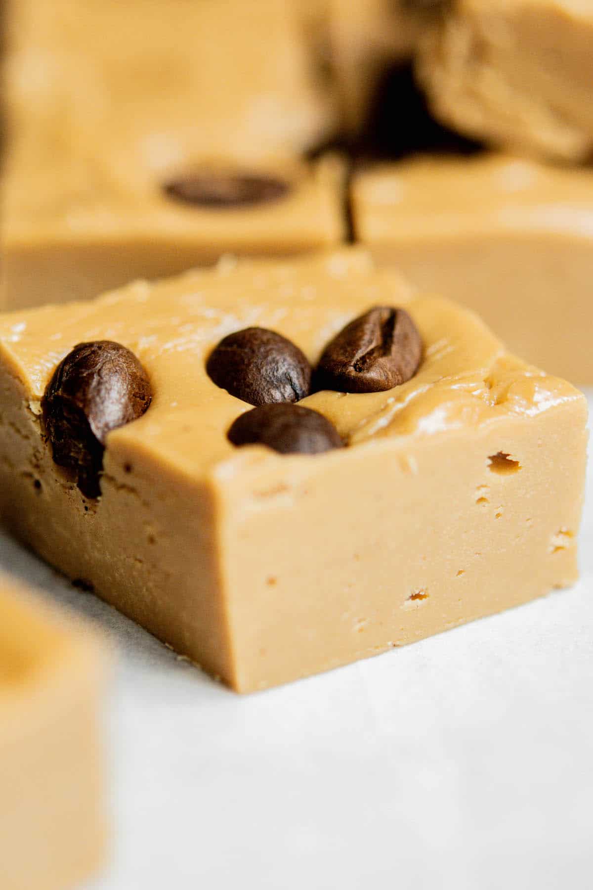 close up of piece of fudge with espresso beans.