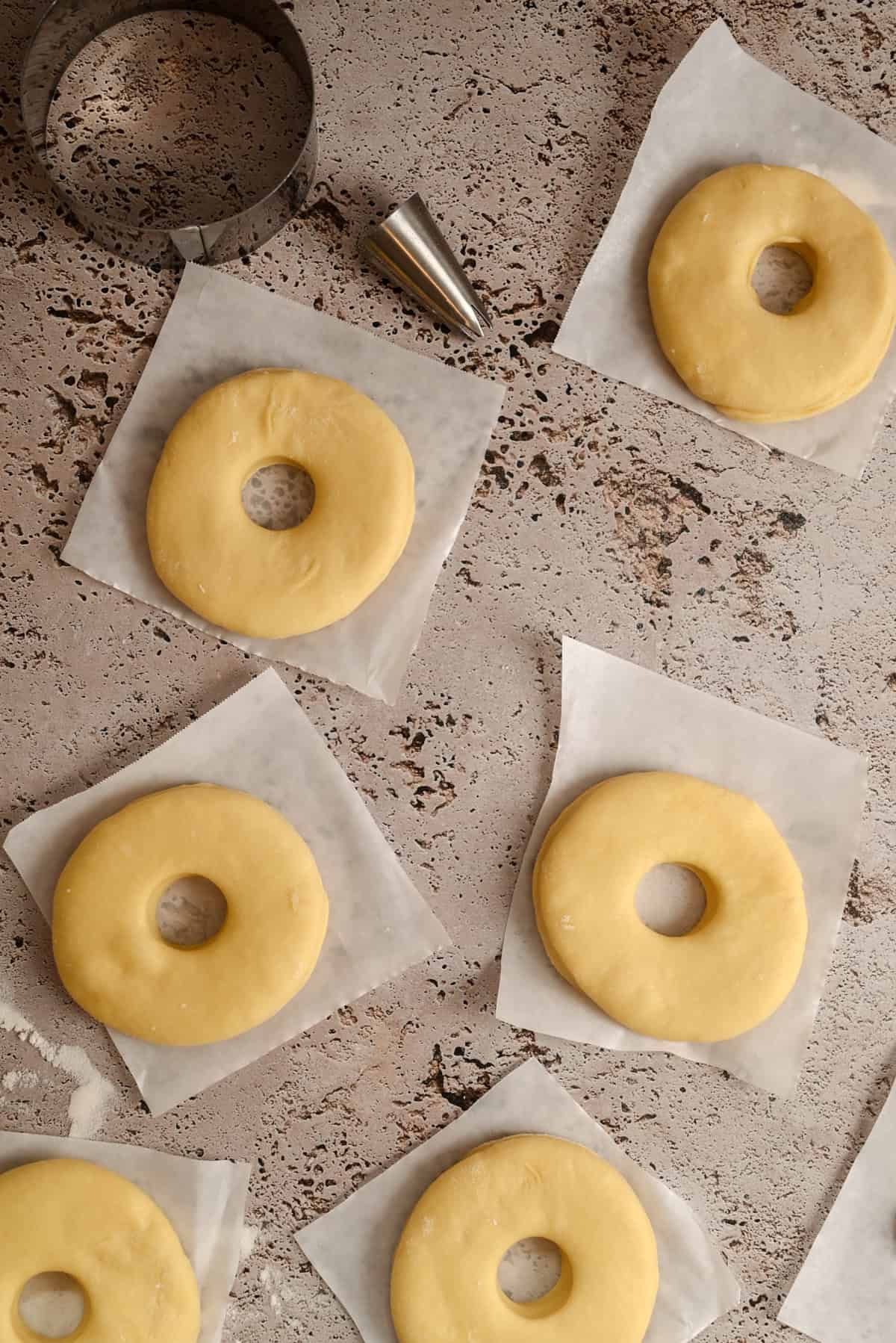 Unbaked doughnuts with holes in the center sit on squares of parchment paper on a speckled countertop. A round metal dough cutter and a pastry tip are placed nearby.