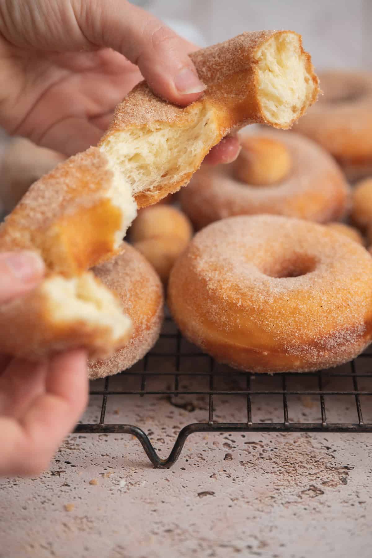 A hand pulls apart a fluffy, sugar-coated donut over a cooling rack filled with more sugar-dusted donuts. The donuts are golden brown and look soft and airy inside.