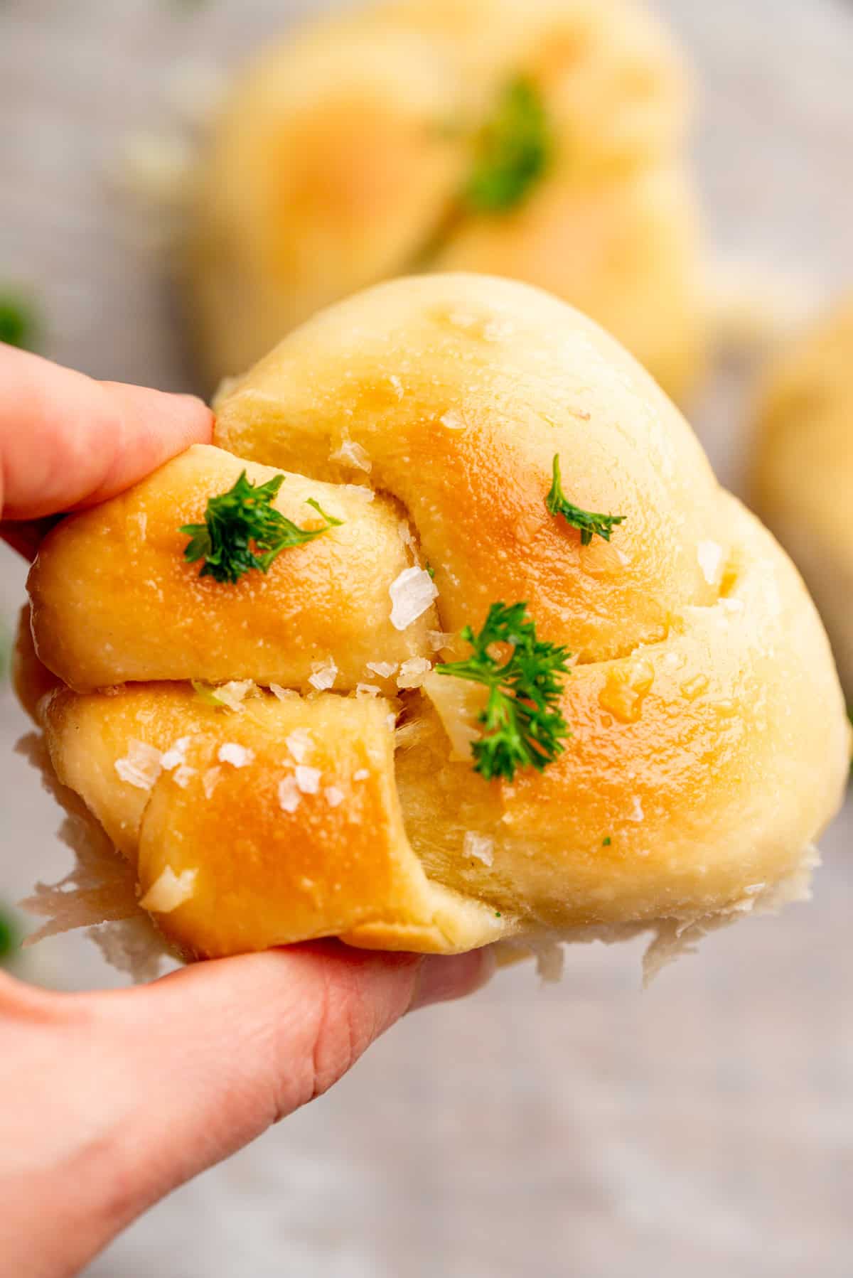 A hand holding a soft, golden-brown sourdough garlic knot topped with fresh parsley and flakes of sea salt, with another garlic knot blurred in the background.