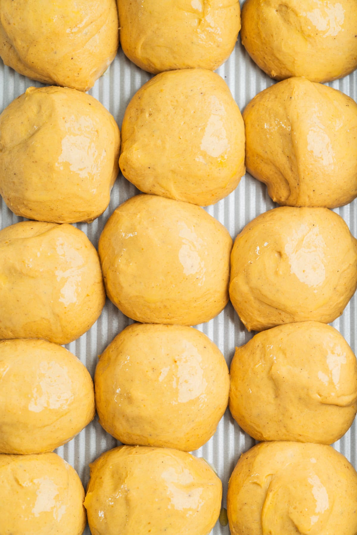 fifteen round, golden dough balls are arranged in neat rows on a ridged metal baking sheet, ready to be baked. The dough appears smooth and slightly glossy.