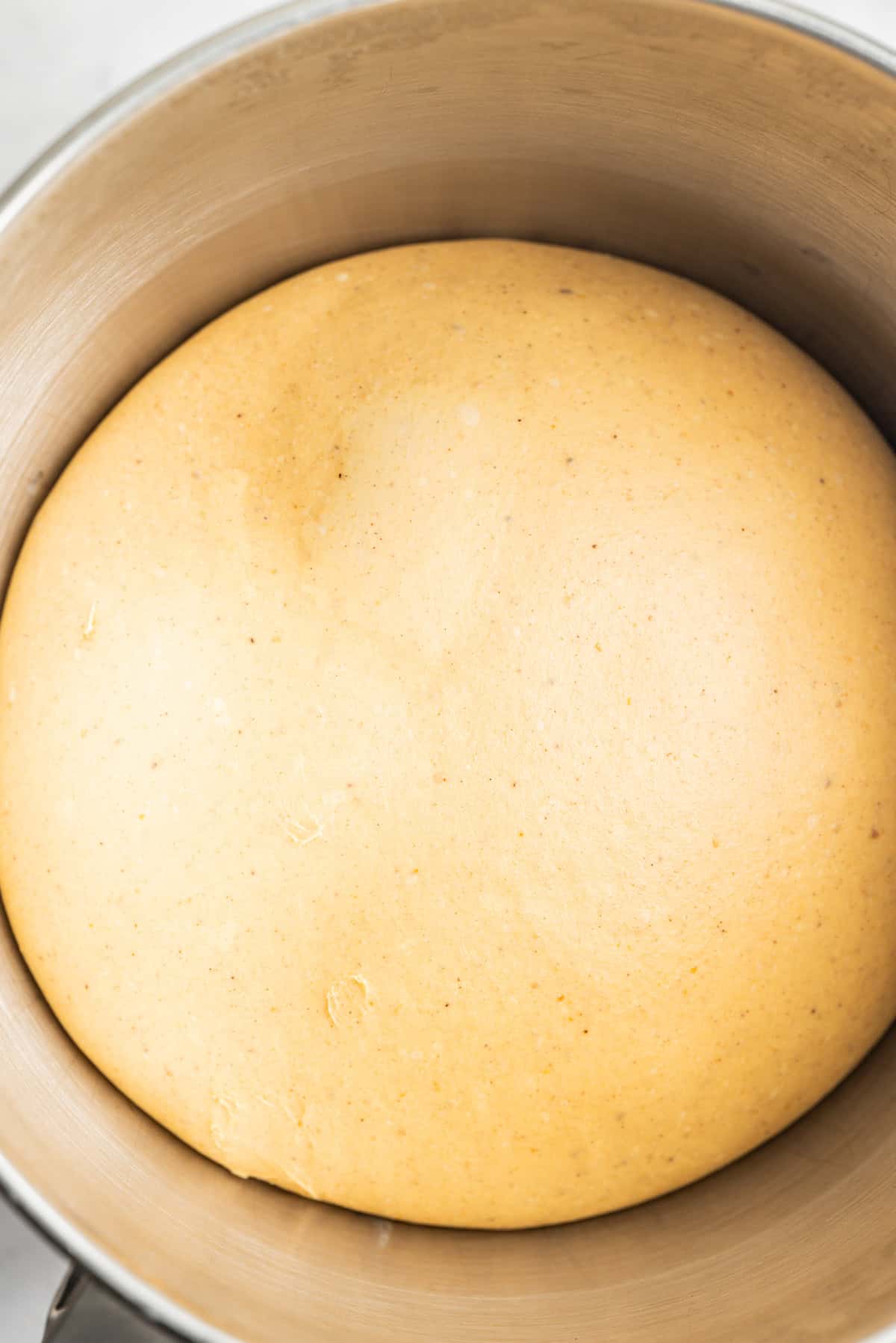 A ball of risen dough with a smooth, golden surface sits in a metal mixing bowl, ready for baking.